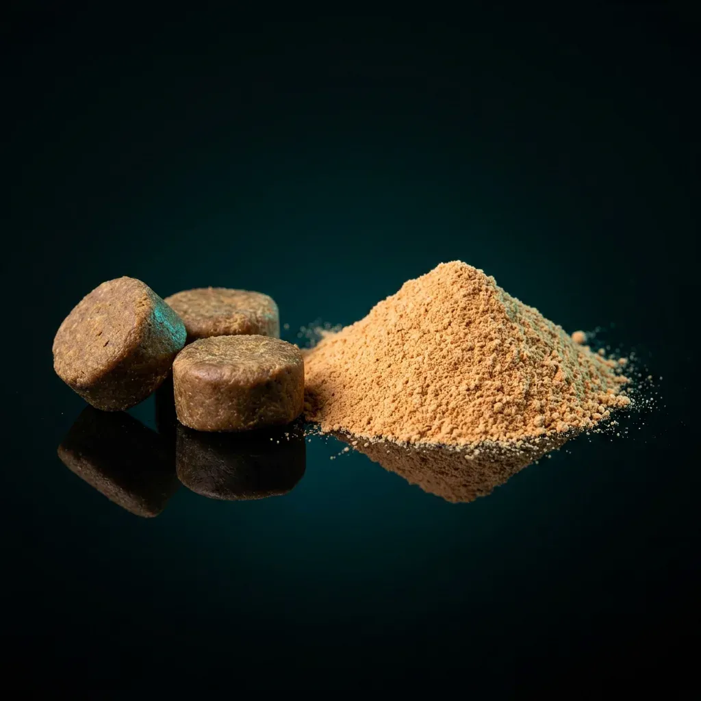 Fermented powder beside three soft dog chews