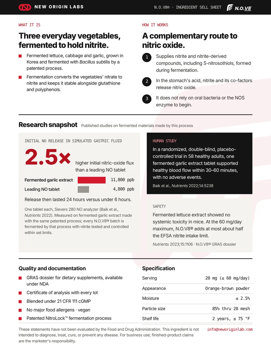 Back page of the N.O.V8 sell sheet with the research snapshot