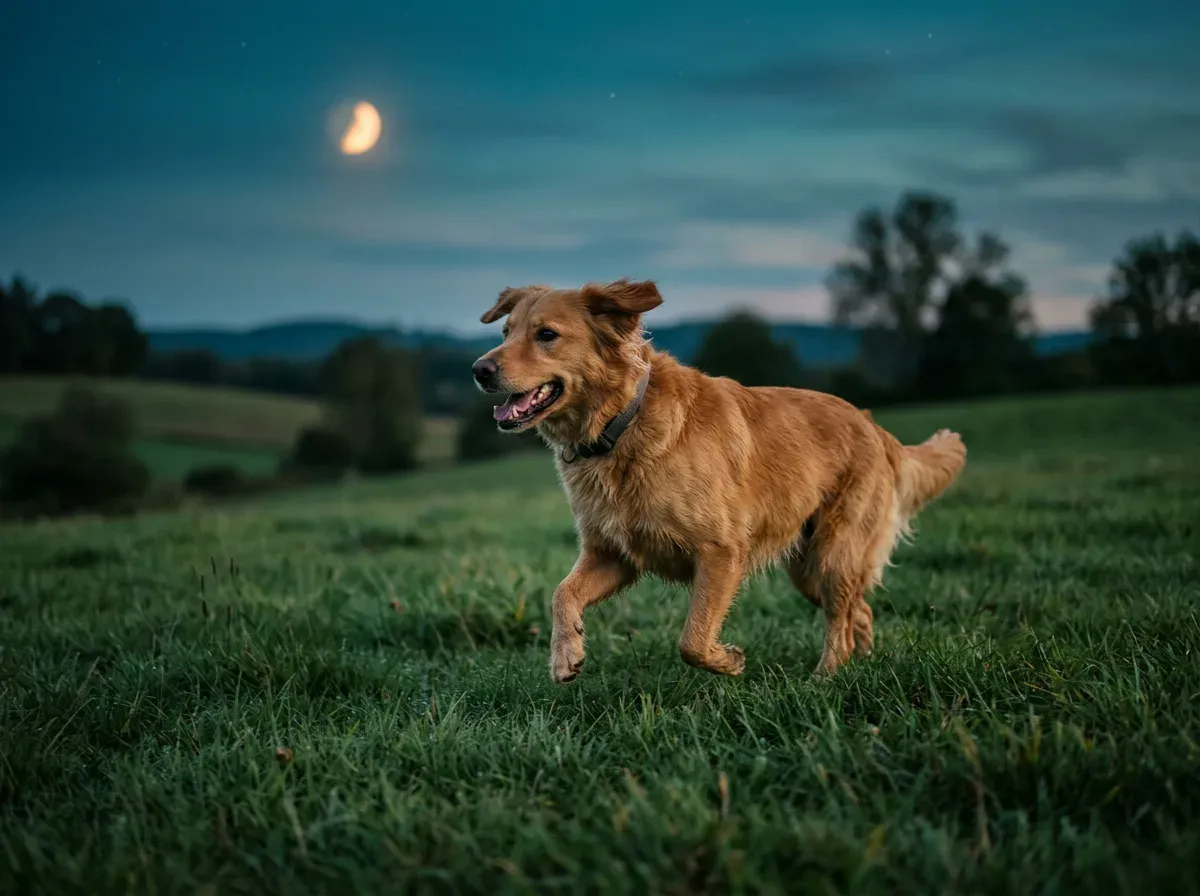 A dog running across grass at dusk