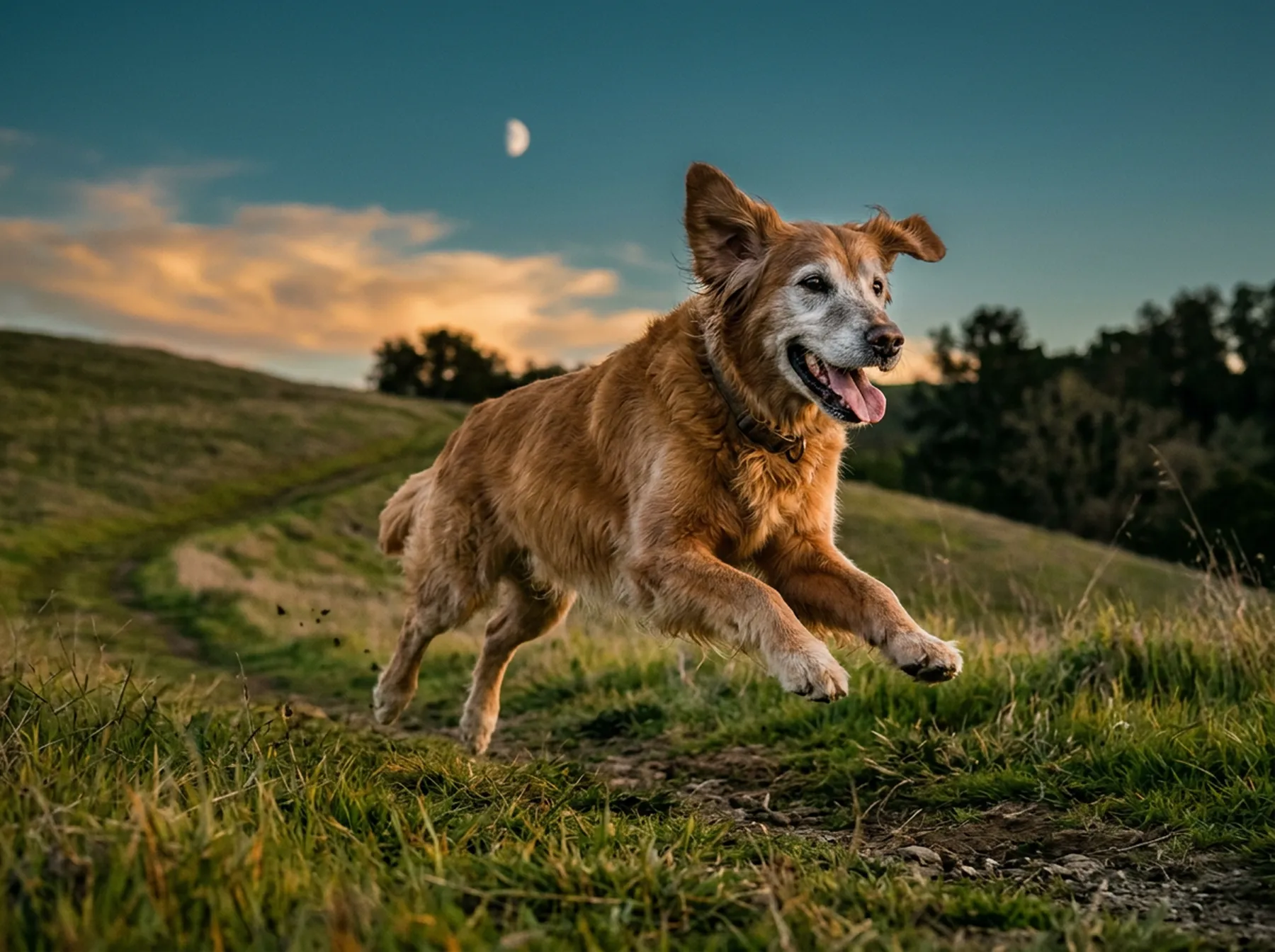 A senior dog leaping across a grassy hill at dusk