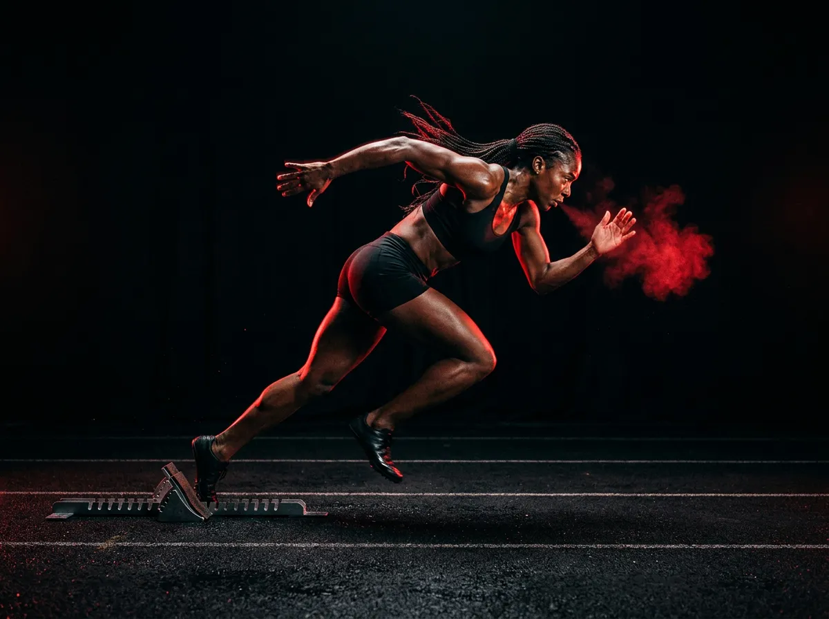 A sprinter driving out of the blocks in red light